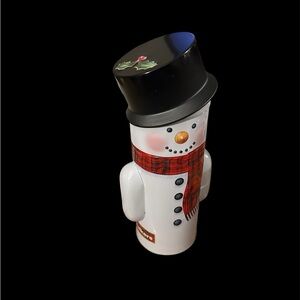 Festive Snowman Holiday Cookie Tin Decor with Red Scarf